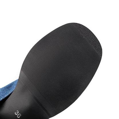 Block Heel Washed Denim Short Thong Boots