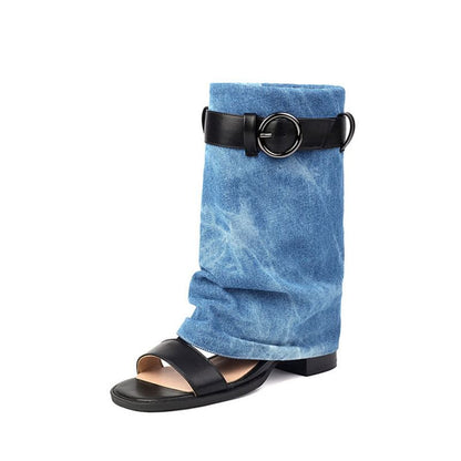 Block Heel Washed Denim Short Thong Boots