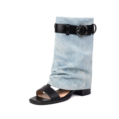 Block Heel Washed Denim Short Thong Boots