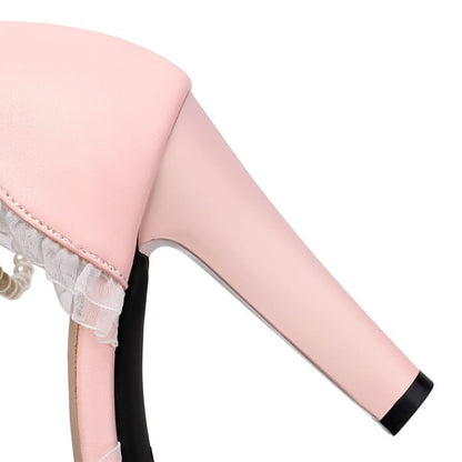 High Heel Faux Pearl Ruffle Trim Sandals