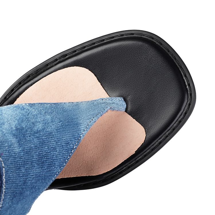 Chunky Heel Washed Denim Tall Thong Boots