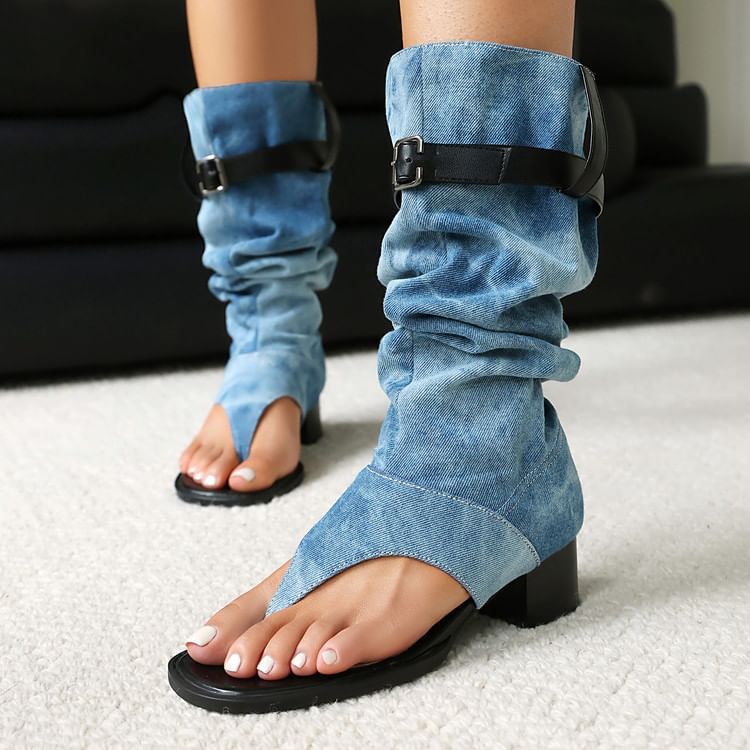 Chunky Heel Washed Denim Tall Thong Boots