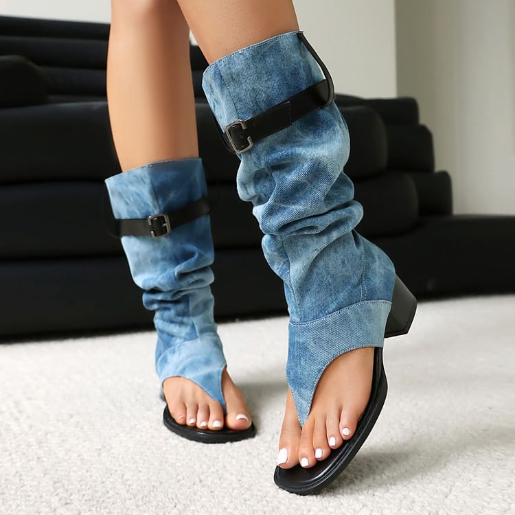 Chunky Heel Washed Denim Tall Thong Boots