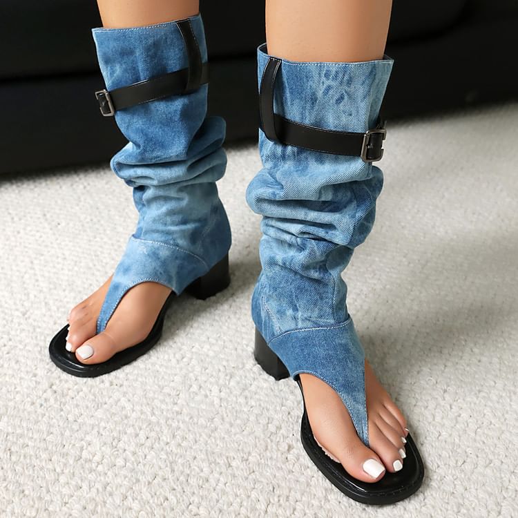 Chunky Heel Washed Denim Tall Thong Boots