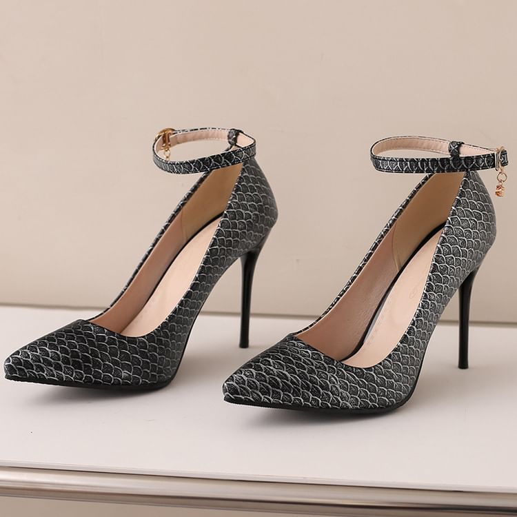 Fish Scale Patterned Stiletto Heel Ankle Strap Pumps