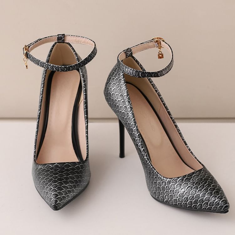 Fish Scale Patterned Stiletto Heel Ankle Strap Pumps