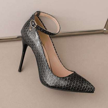 Fish Scale Patterned Stiletto Heel Ankle Strap Pumps