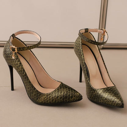 Fish Scale Patterned Stiletto Heel Ankle Strap Pumps