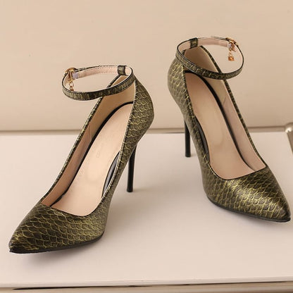 Fish Scale Patterned Stiletto Heel Ankle Strap Pumps