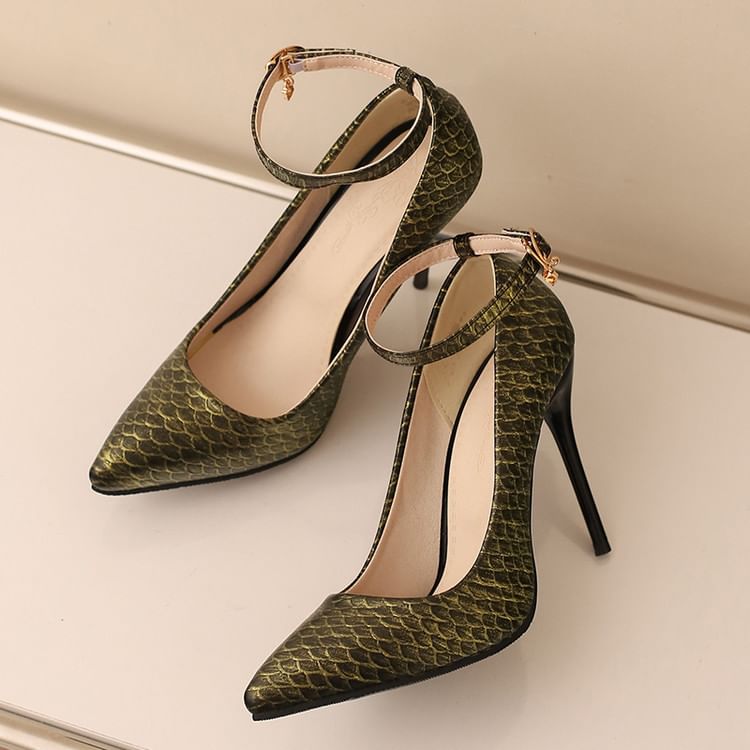 Fish Scale Patterned Stiletto Heel Ankle Strap Pumps