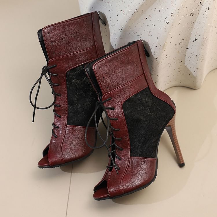 High Heel Peep-Toe Lace Panel Sandals