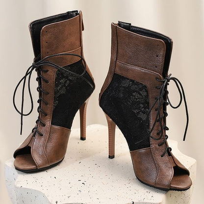 High Heel Peep-Toe Lace Panel Sandals