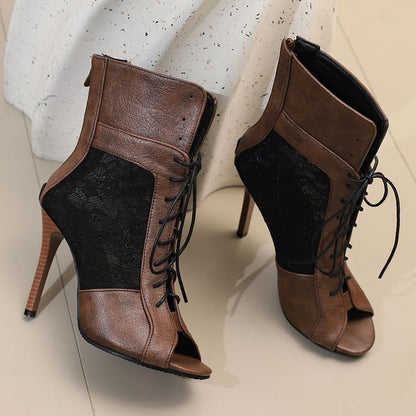 High Heel Peep-Toe Lace Panel Sandals