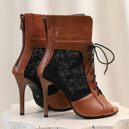 High Heel Peep-Toe Lace Panel Sandals