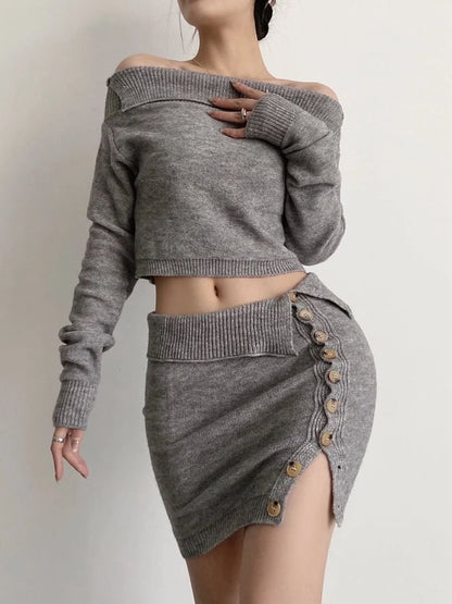 Off-Shoulder Crop Top & Slit Knit Pencil Mini Skirt Set