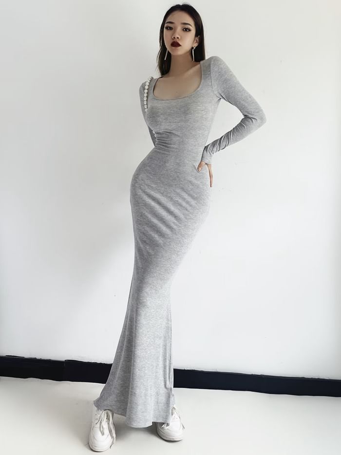 Long Sleeve Scoop Neck Plain Sheath Maxi Dress