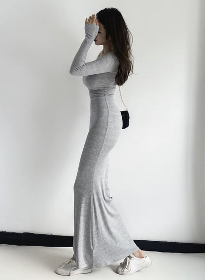 Long Sleeve Scoop Neck Plain Sheath Maxi Dress