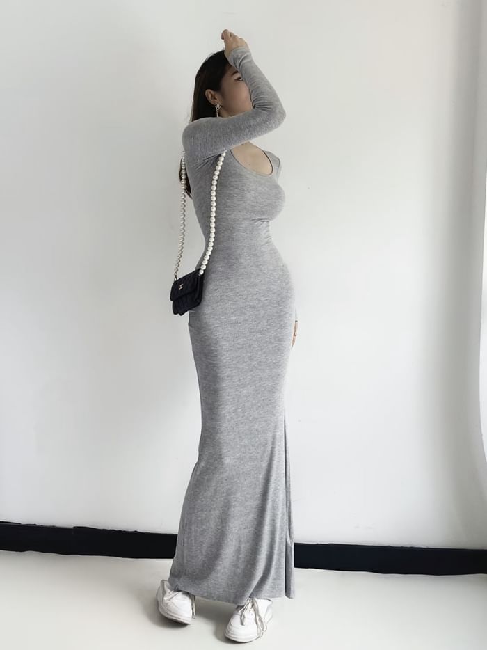 Long Sleeve Scoop Neck Plain Sheath Maxi Dress