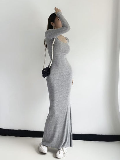 Long Sleeve Scoop Neck Plain Sheath Maxi Dress