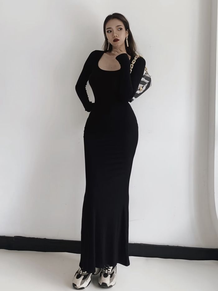 Long Sleeve Scoop Neck Plain Sheath Maxi Dress