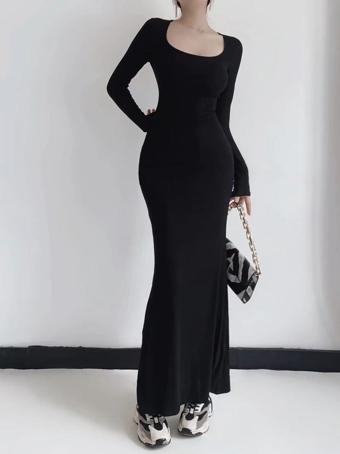Long Sleeve Scoop Neck Plain Sheath Maxi Dress