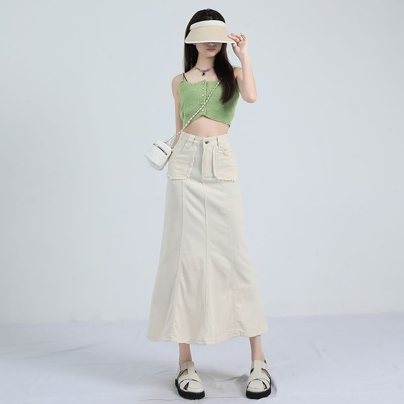 Solid High-Waisted Mermaid Midi Skirt