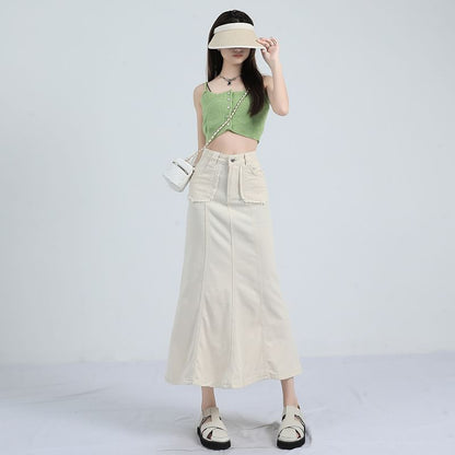 Solid High-Waisted Mermaid Midi Skirt
