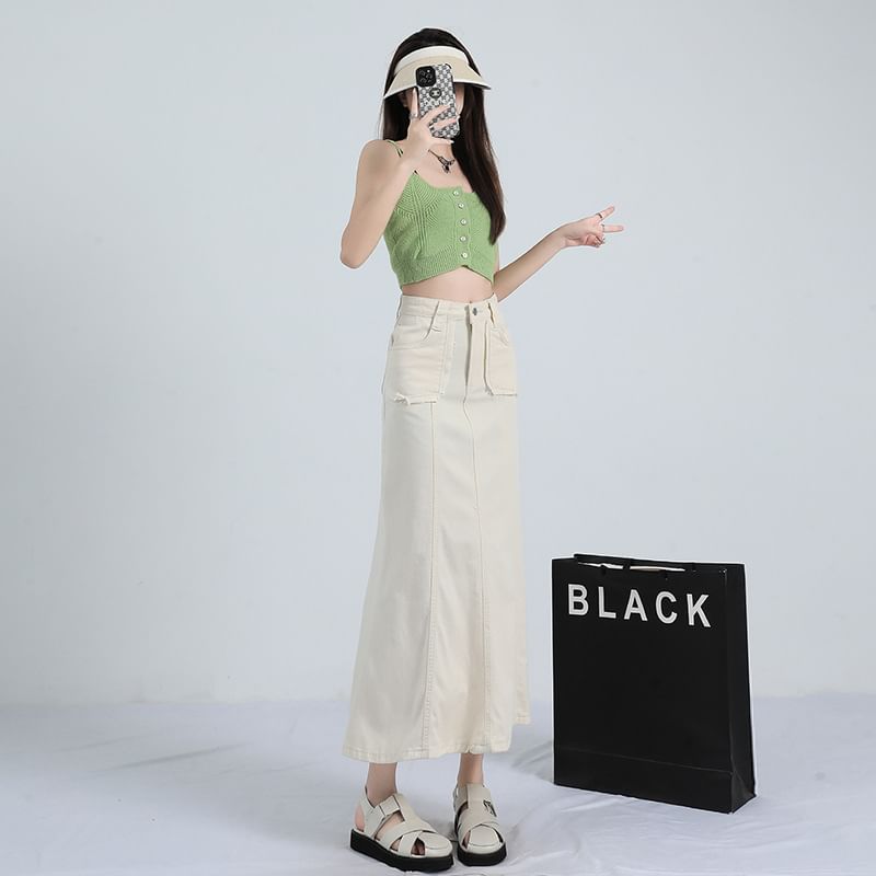 Solid High-Waisted Mermaid Midi Skirt