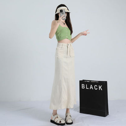 Solid High-Waisted Mermaid Midi Skirt