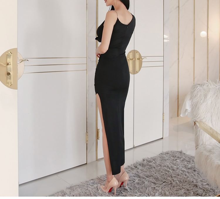 Sleeveless Ruched Asymmetrical Bodycon Maxi Dress