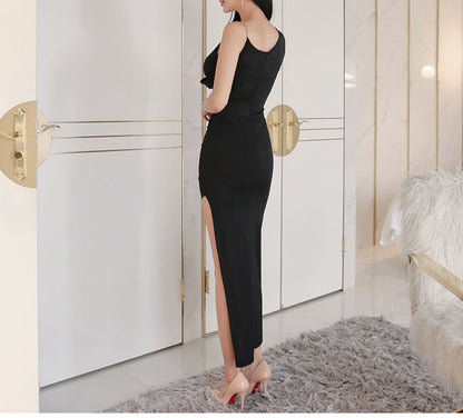 Sleeveless Ruched Asymmetrical Bodycon Maxi Dress