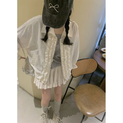 Puff Sleeve Ruffled Shirt Paired with Lace Trim Mini Skirt