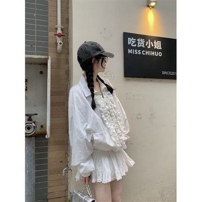 Puff Sleeve Ruffled Shirt Paired with Lace Trim Mini Skirt