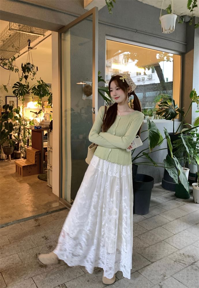 Lace Accent Cardigan and Midi A-Line Skirt Ensemble
