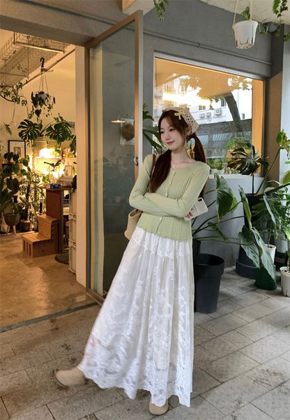 Lace Accent Cardigan and Midi A-Line Skirt Ensemble