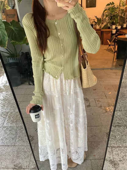 Lace Accent Cardigan and Midi A-Line Skirt Ensemble