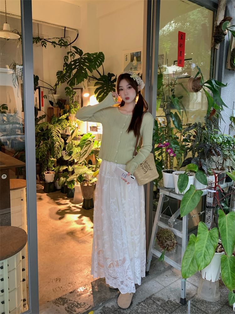 Lace Accent Cardigan and Midi A-Line Skirt Ensemble