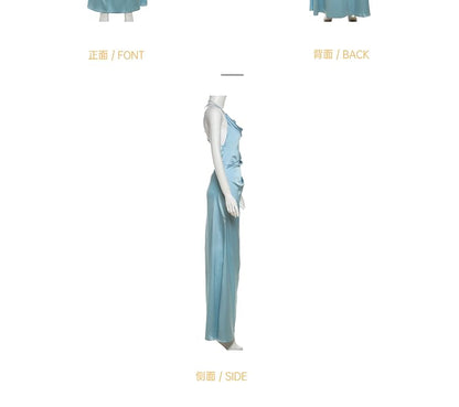 Spaghetti Strap Cowl Neck Plain Backless Satin A-Line Evening Gown