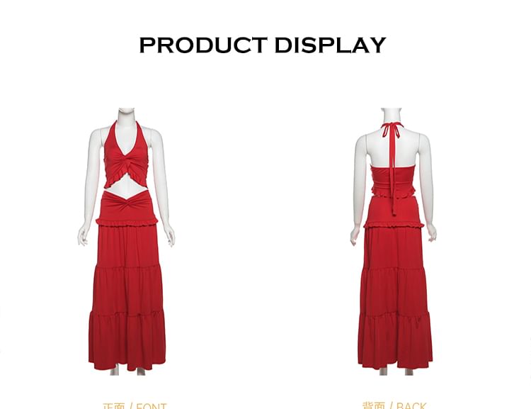 Halter Ruched Crop Top & Tiered Maxi A-Line Skirt Set