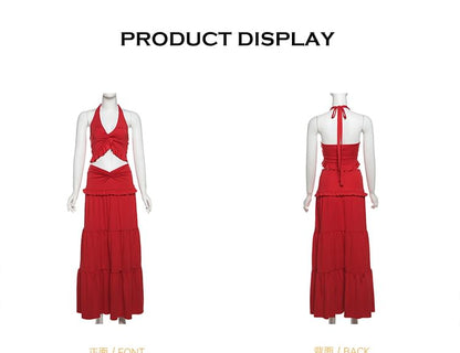 Halter Ruched Crop Top & Tiered Maxi A-Line Skirt Set
