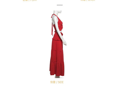 Halter Ruched Crop Top & Tiered Maxi A-Line Skirt Set