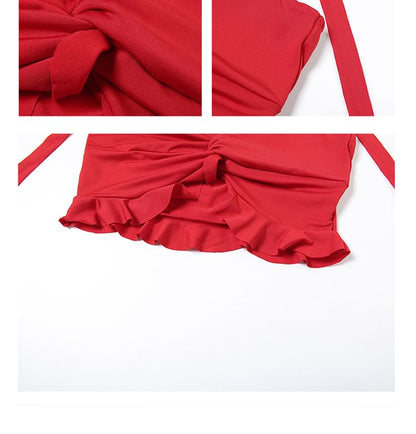 Halter Ruched Crop Top & Tiered Maxi A-Line Skirt Set