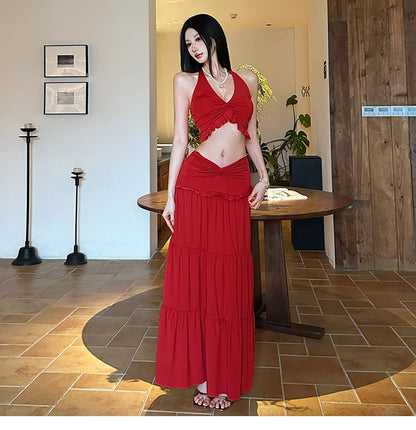 Halter Ruched Crop Top & Tiered Maxi A-Line Skirt Set