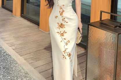 Sleeveless Floral Print Slit Midi Qipao