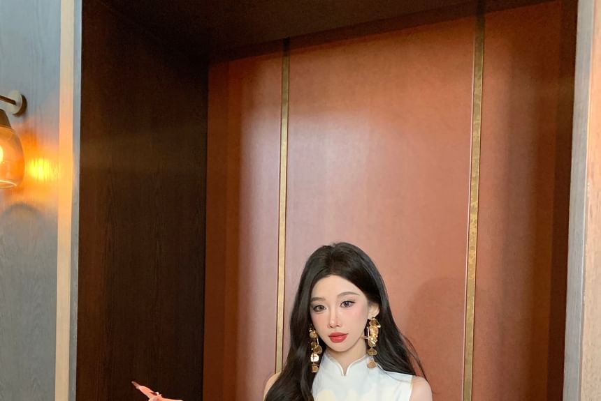 Sleeveless Floral Print Slit Midi Qipao