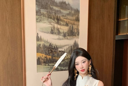Sleeveless Floral Print Slit Midi Qipao