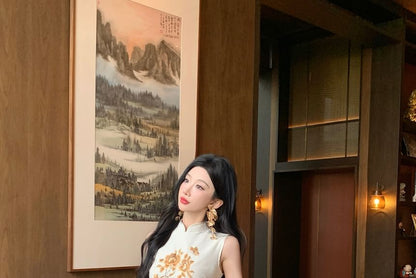 Sleeveless Floral Print Slit Midi Qipao