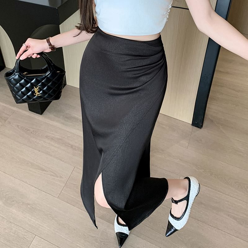 Ruched Slit Satin High-Rise Fishtail Midi Skirt