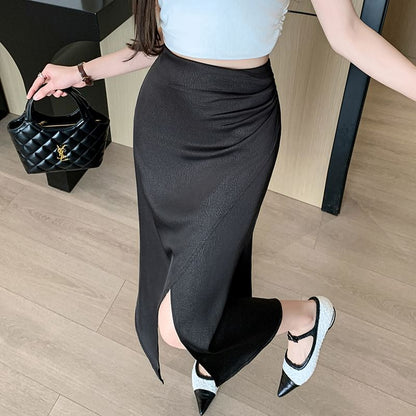 Ruched Slit Satin High-Rise Fishtail Midi Skirt