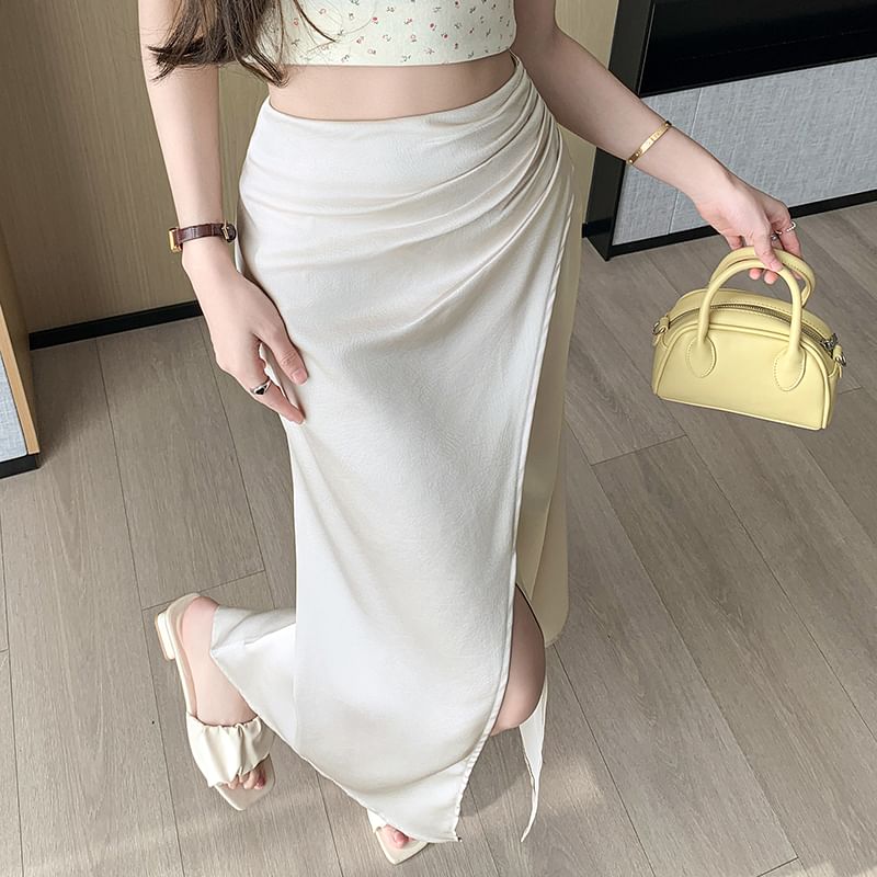 Ruched Slit Satin High-Rise Fishtail Midi Skirt